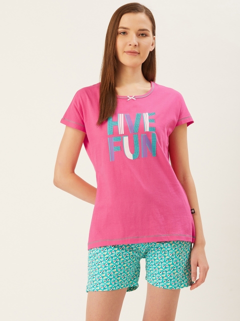 

July Nightwear Women Pink & Sea Green Printed Night suit