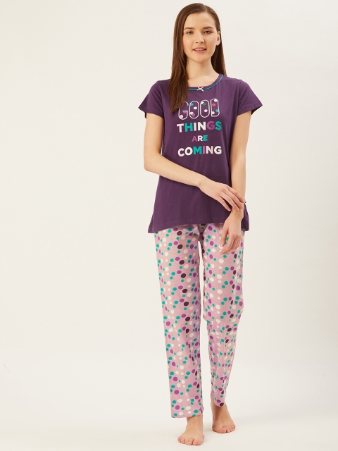 

July Nightwear Women Purple & Pink Printed Night Suit