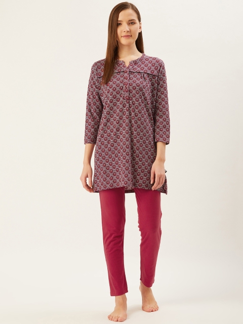 

July Nightwear Women Fuchsia & White Ethnic Print Night suit