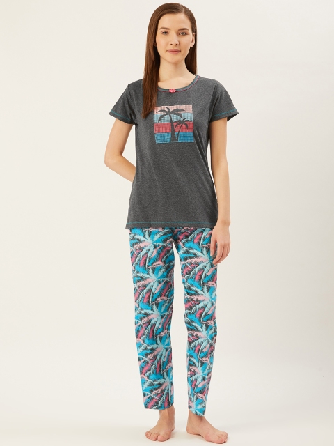 

July Nightwear Women Charcoal Grey & Blue Tropical Printed Night Suit