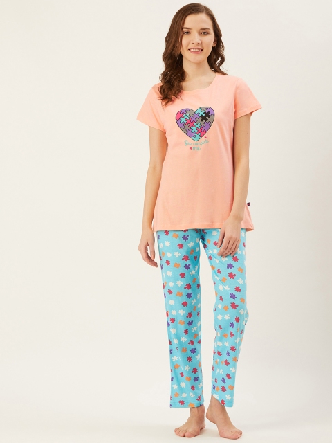 

July Nightwear Women Peach-Coloured & Blue Printed Night suit