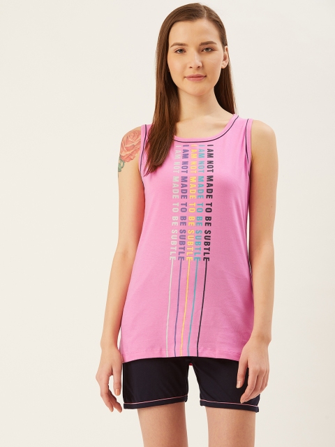 

July Nightwear Women Pink & Navy Blue Typography Printed Night Suit