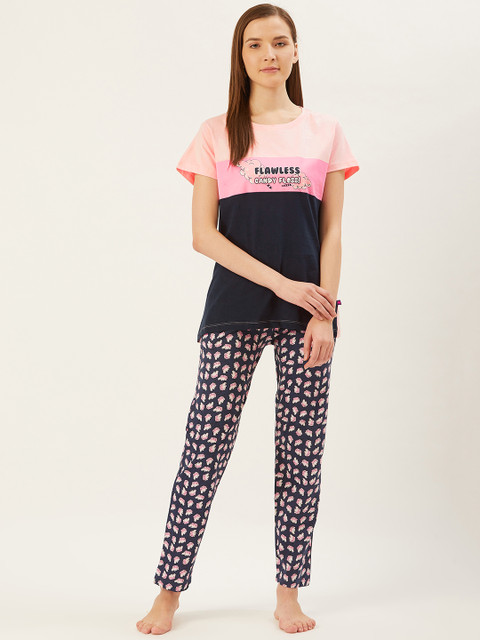 

July Nightwear Women Pink & Navy Blue Printed Night suit