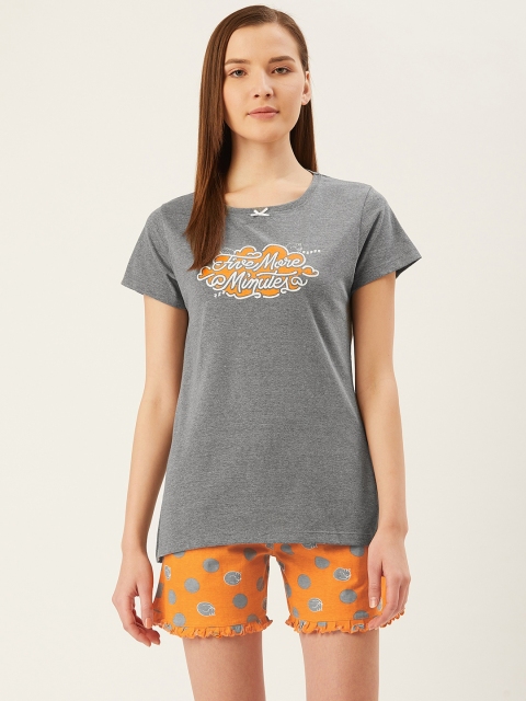 

July Nightwear Women Grey Melange & Orange Printed Night suit