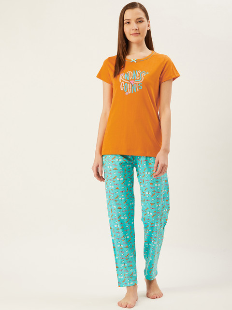 

July Nightwear Women Orange & Sea Green Printed Night suit