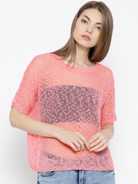 

Vero Moda Coral Orange Patterned Overlapping Back Sheer Top