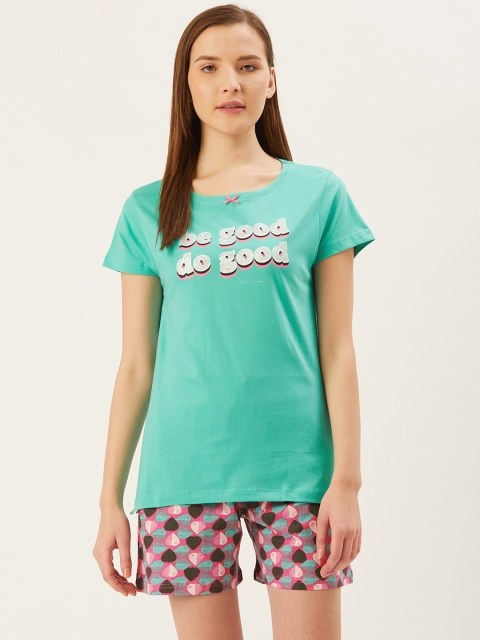 

July Nightwear Women Sea Green & Pink Printed Night Suit