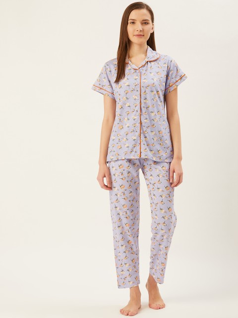 

July Nightwear Women Lavender & Yellow Floral Printed Night Suit