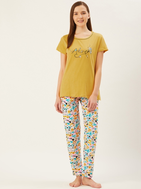 

July Nightwear Women Mustard Yellow & White Printed Night Suit