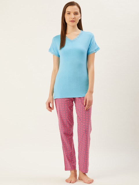

July Nightwear Women Blue & Pink Printed Night suit