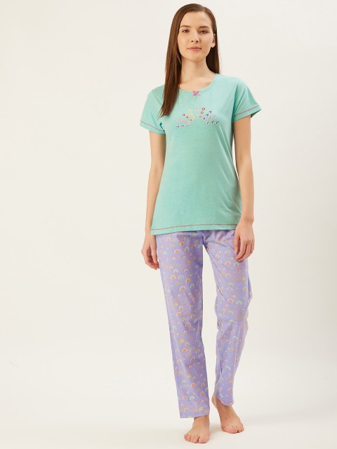 

July Nightwear Women Sea Green & Purple Printed Night Suit