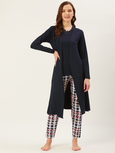 

July Nightwear Women Navy Blue & White Solid Night Suit with Longline Shrug