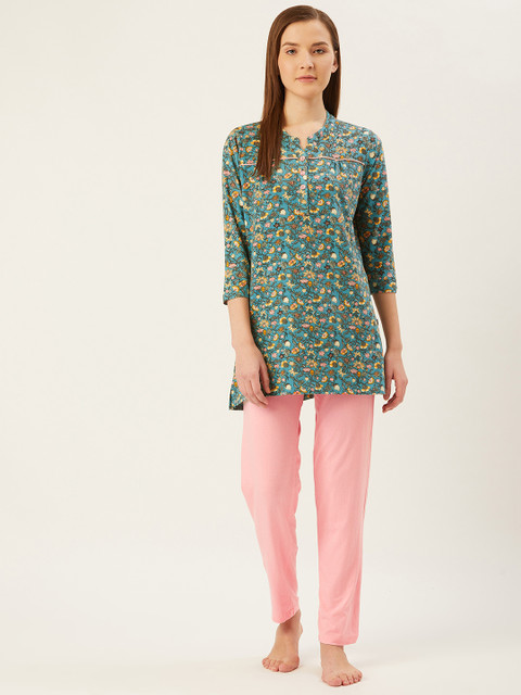 

July Nightwear Women Green & Pink Floral Printed Night Suit