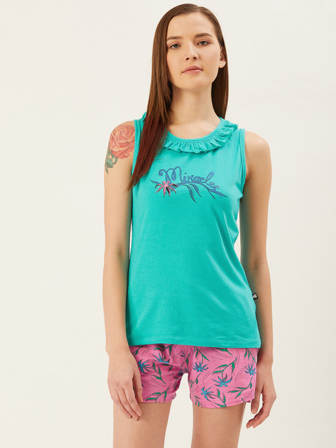 

July Nightwear Women Green & Pink Printed Night Suit