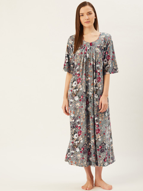 

July Nightwear Grey Floral Printed Midi Nightdress