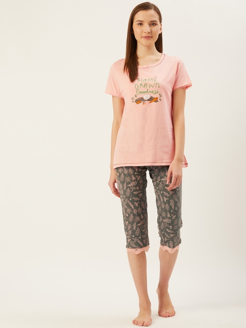 

July Nightwear Women Peach-Coloured & Olive Green Printed Night suit