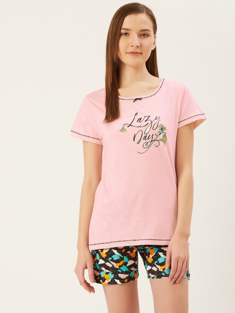 

July Nightwear Women Pink & Black Printed Night suit