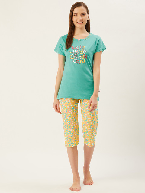 

July Nightwear Women Sea Green & Yellow Printed Night Suit
