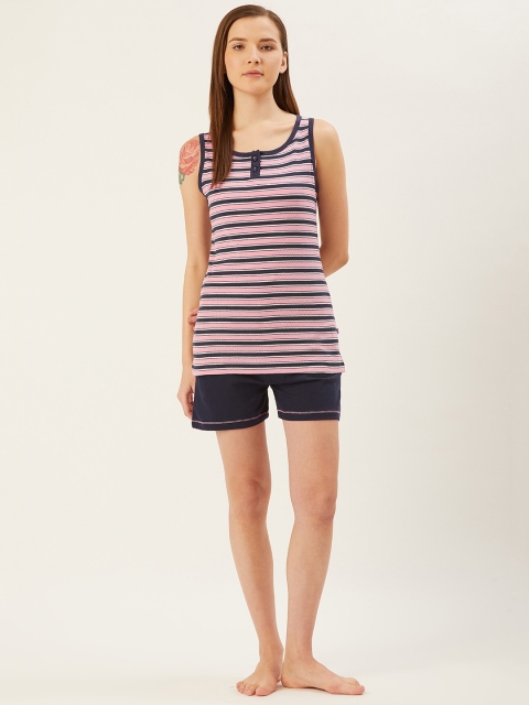 

July Nightwear Women Pink & Navy Blue Striped Night Suit