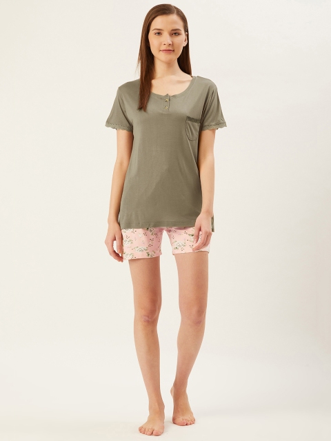 

July Nightwear Women Olive Green & Peach-Coloured Solid Night Suit