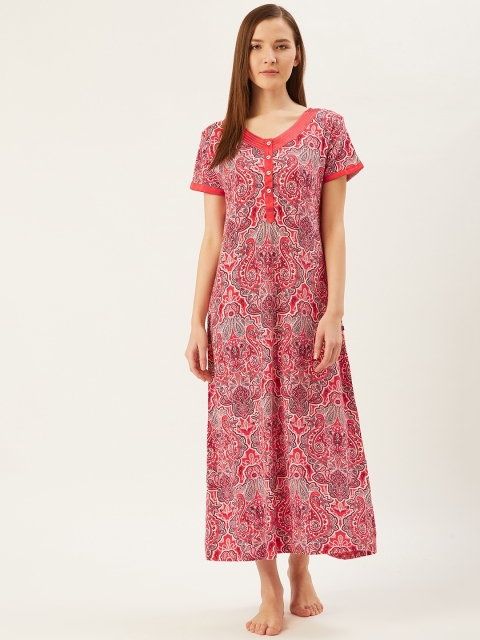 

July Nightwear Women Red & White Ethnic Print Maxi Nightdress