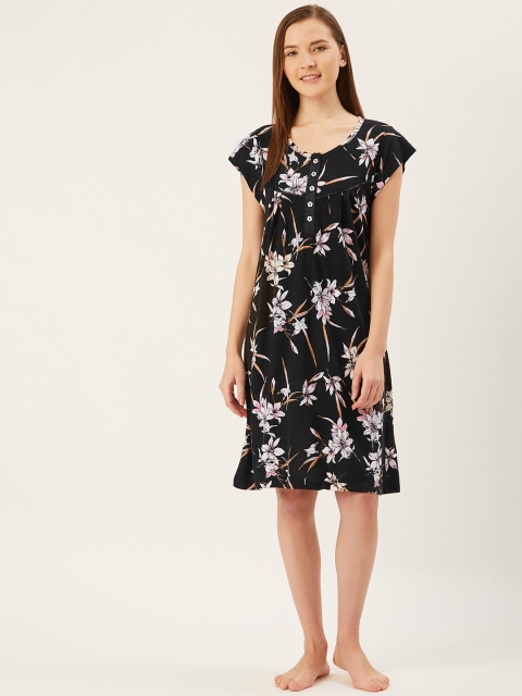 

July Nightwear Black & White Floral Printed Nightdress