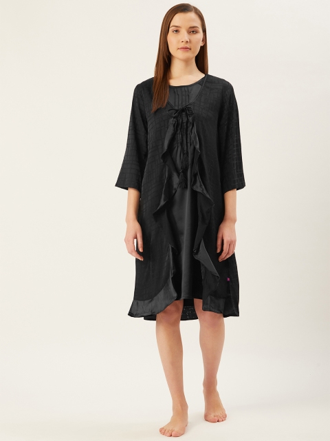 

July Nightwear Black Self Design Nightdress with Robe