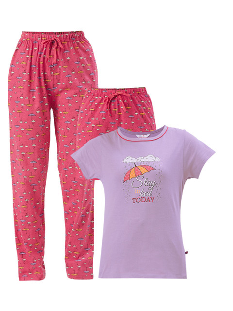

July Nightwear Women 3 Pc Lavender & Pink Printed Night Suit Set