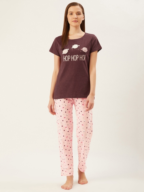 

July Nightwear Women Burgundy & Peach-Coloured Sheep Print Night Suit