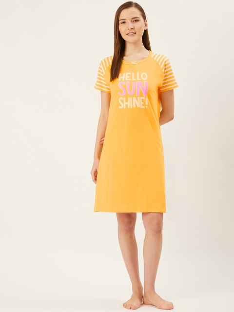 

July Nightwear Mustard Yellow & Off-White Typography Print Pure Cotton Sleep Shirt