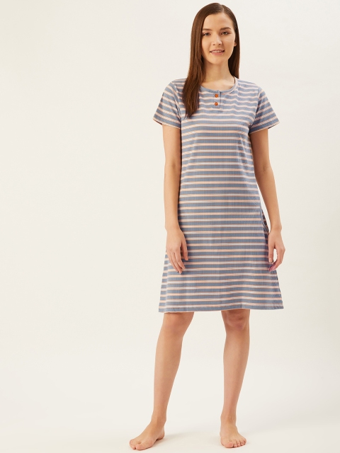 

July Nightwear Grey & White Striped Pure Cotton Sleep Shirt