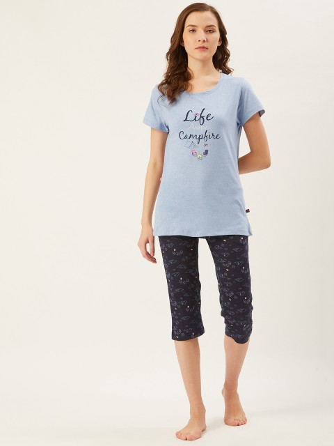

July Nightwear Women Blue Typography Printed Night Suit