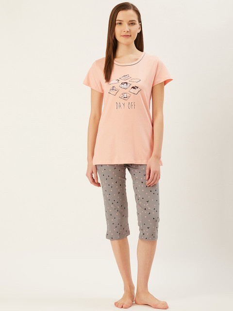 

July Nightwear Women Peach-Coloured & Grey Cat & Heart Print Night Suit