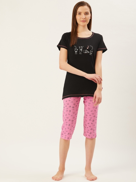

July Nightwear Women Black & Pink Cat Print Night Suit