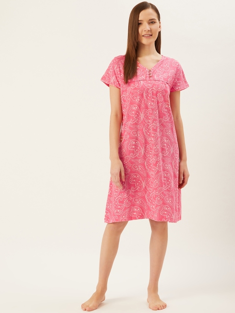 

July Nightwear Pink & White Ethnic Printed Sleep Shirt