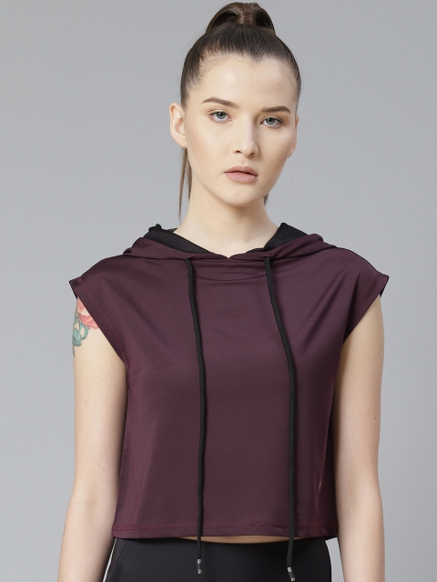 

skyria Women Purple Solid Cropped Hooded Sport T-Shirt