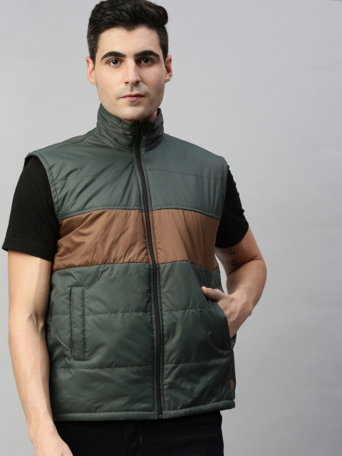 

UNSULLY Men Olive Green & Khaki Colourblocked Sleeveless Windcheater Puffer Jacket