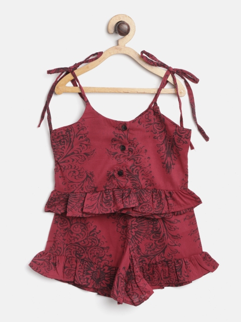 

I AM FOR YOU Girls Maroon & Black Ethnic Motifs Print Two-Piece Jumpsuit