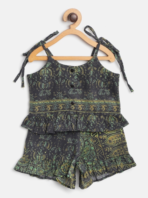 

I AM FOR YOU Girls Navy Blue & Green Ethnic Motifs Print Two-Piece Jumpsuit