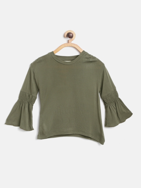 

I AM FOR YOU Girls Olive Green Solid Pure Cotton Top