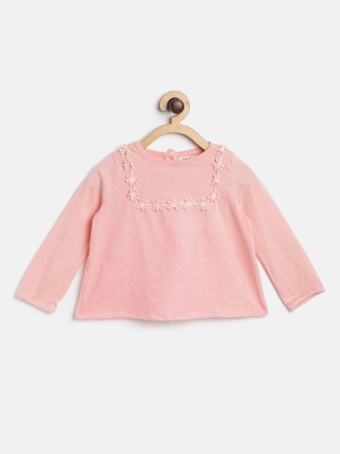 

I AM FOR YOU Girls Pink Solid A-Line Pure Cotton Top with Floral Lace Inserts
