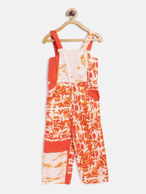 

I AM FOR YOU Girls Orange & White Abstract Printed Basic Jumpsuit