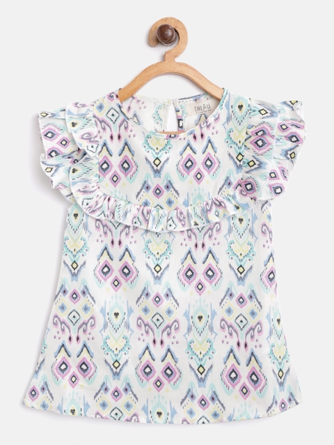 

I AM FOR YOU Girls White & Sea Green Abstract Printed Pure Cotton Top