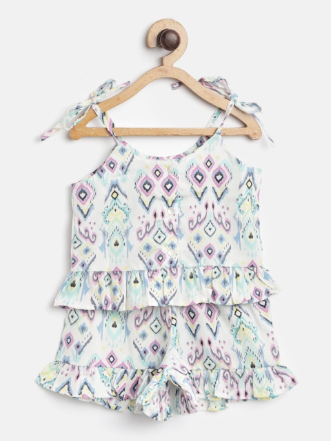 

I AM FOR YOU Girls White & Blue Ethnic Motifs Print Two-Piece Jumpsuit