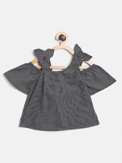 

I AM FOR YOU Girls Black & White Checked Bardot Pure Cotton Top