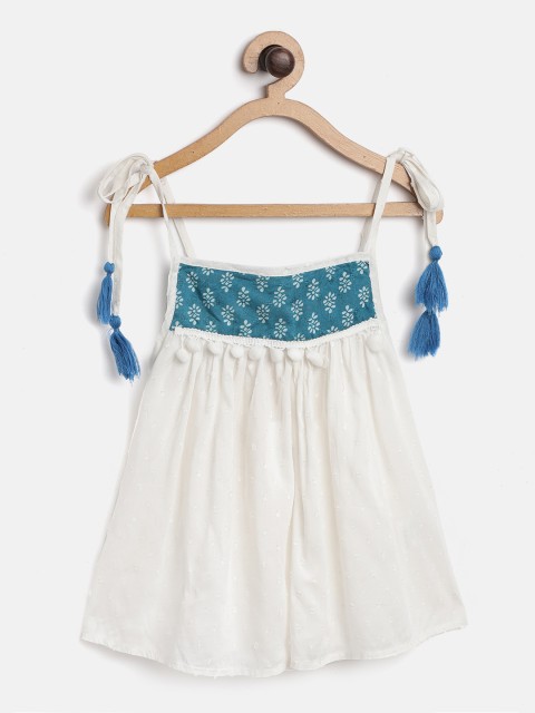 

I AM FOR YOU Girls White Self Design Empire Top with Pom-Pom Detail