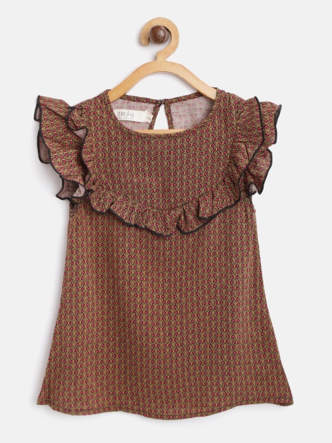 

I AM FOR YOU Girls Brown & Pink Printed Pure Cotton Top