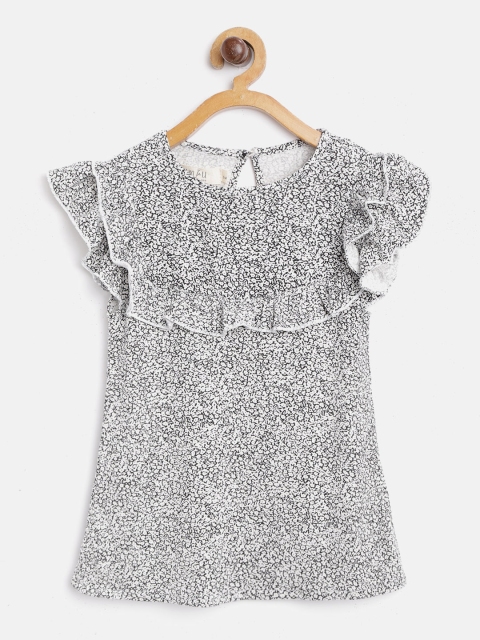 

I AM FOR YOU Girls Black & White Printed Pure Cotton Top with Ruffle Detail