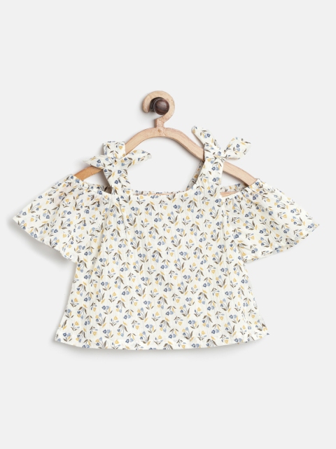 

I AM FOR YOU Girls Off-White & Blue Printed A-Line Pure Cotton Top