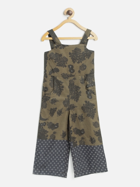 

I AM FOR YOU Girls Olive Green & Black Floral Printed Basic Jumpsuit
